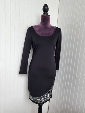 BaileyBlue BLACK Silver Rhinestone Sparkly Dress Laser Cut Long Sleeve Stretch S